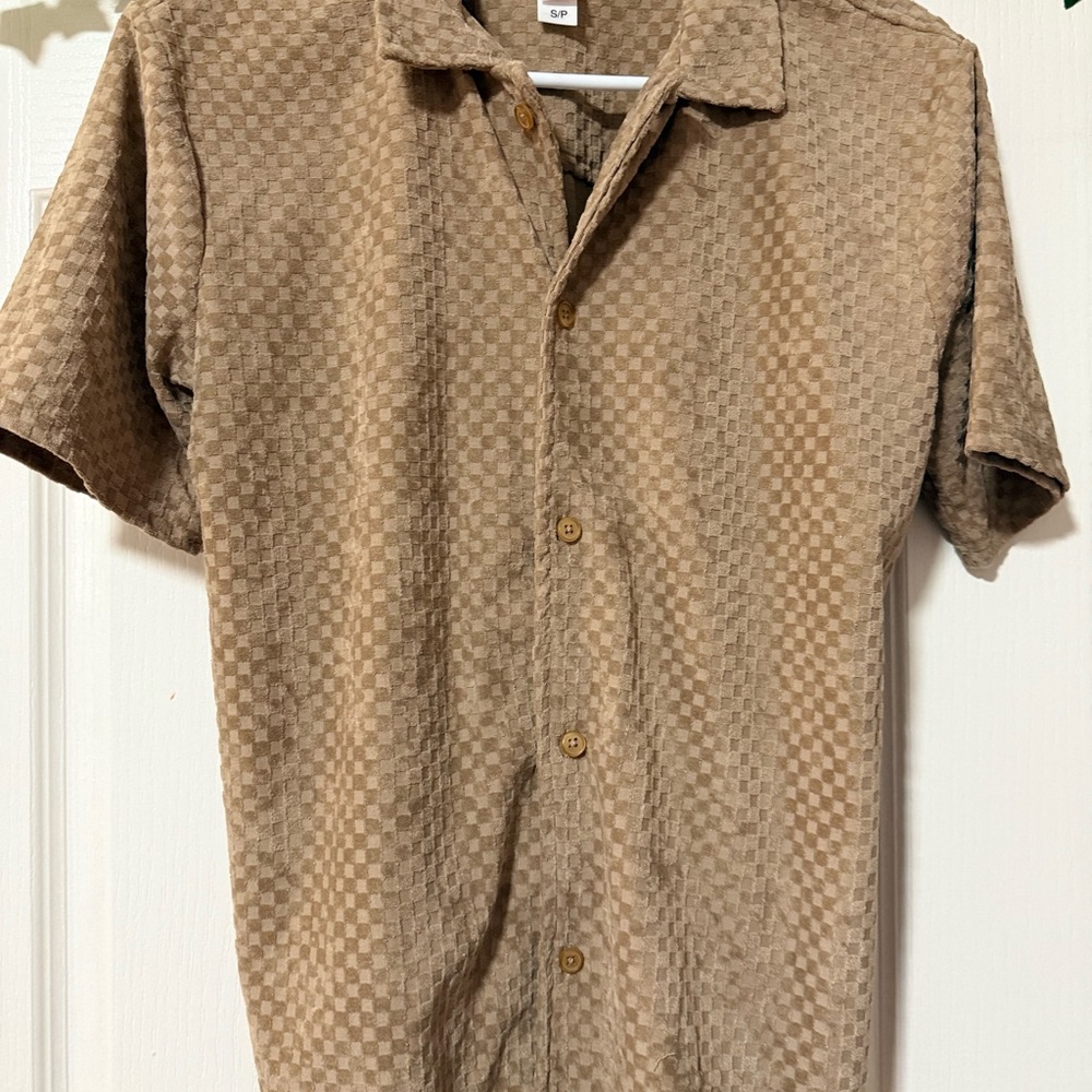 Casual Tan Checkered Button-Down Shirt